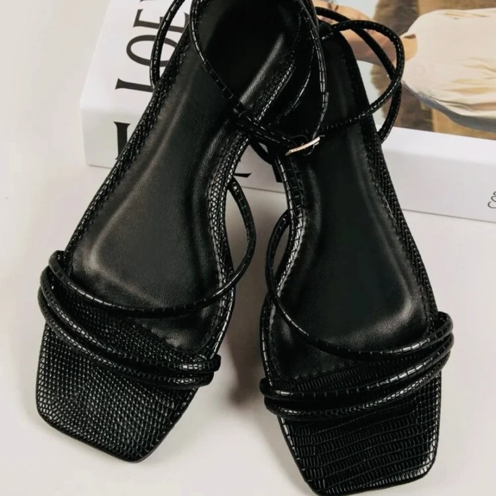 🤍New! Shein Black Strappy Ankle Flat Sandals